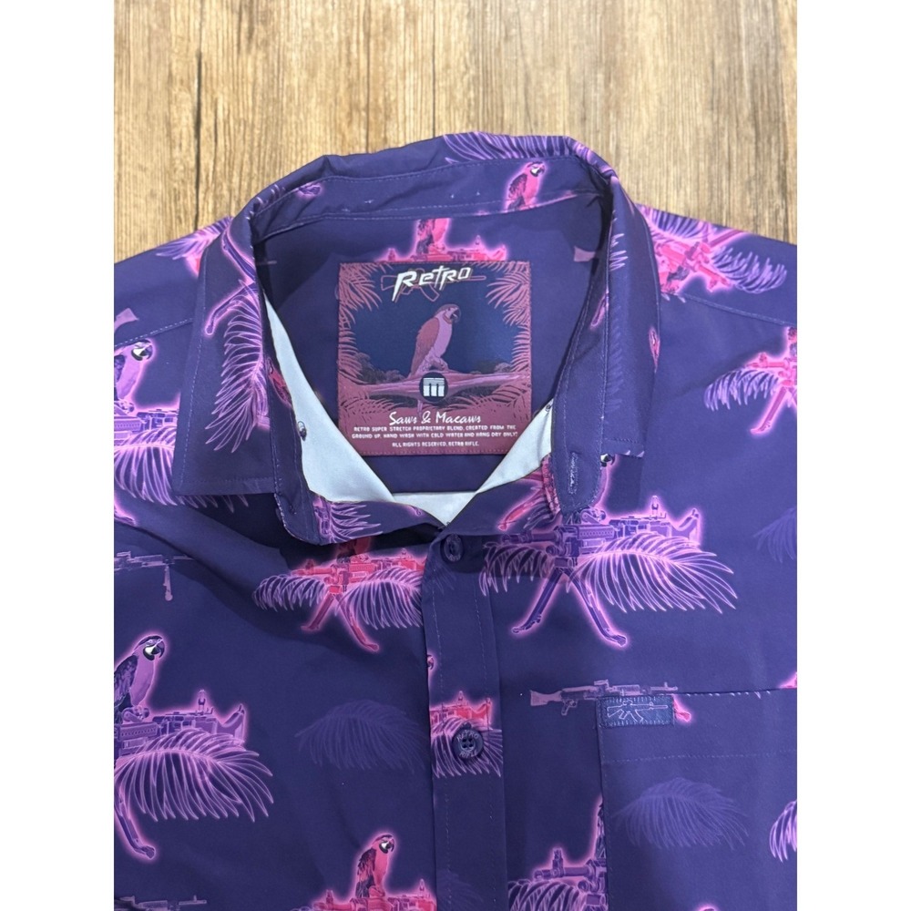 Retro Rifle Saws &‎ Macaws Parrot Tropical Print Short Sleeve Button Shirt Men M - Picture 3 of 4